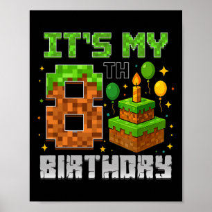 Affiche Birthday Boy C'est mon 8e anniversaire Gamer Pixel