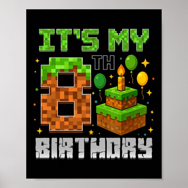 Affiche Birthday Boy C'est mon 8e anniversaire Gamer Pixel (Devant)