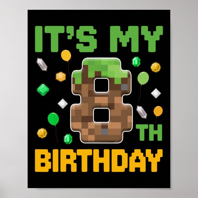 Affiche Birthday Boy C'est mon 8e anniversaire Gamer Pixel (Devant)