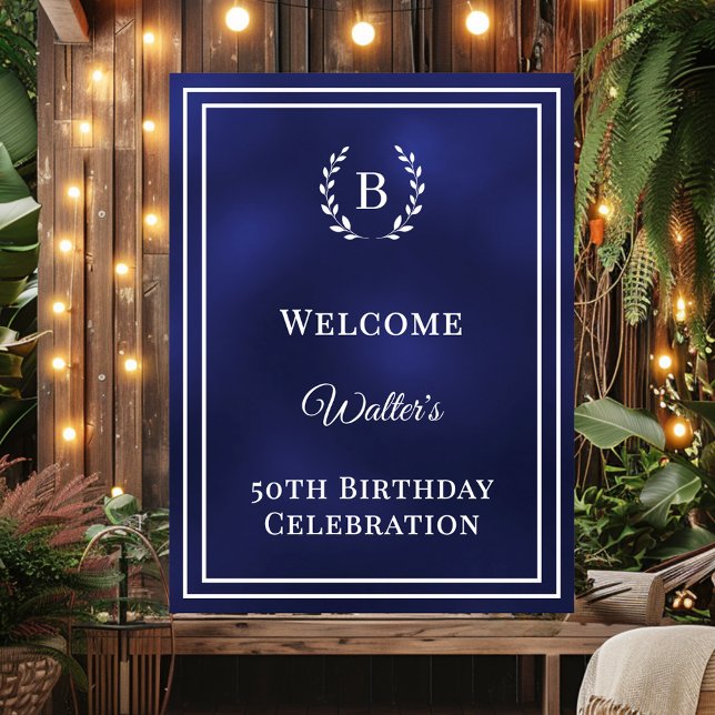 Affiche Birthday navy blue monogrammed elegant welcome (Créateur téléchargé)