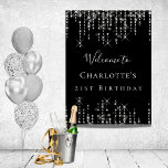 Affiche Birthday party black silver stars welcome<br><div class="desc">A welcome board for a girly and glamorous 21st (or any age) birthday party.  A classic black background decorated with faux silver light,  stars.   Personalize and add a name and age 21.</div>