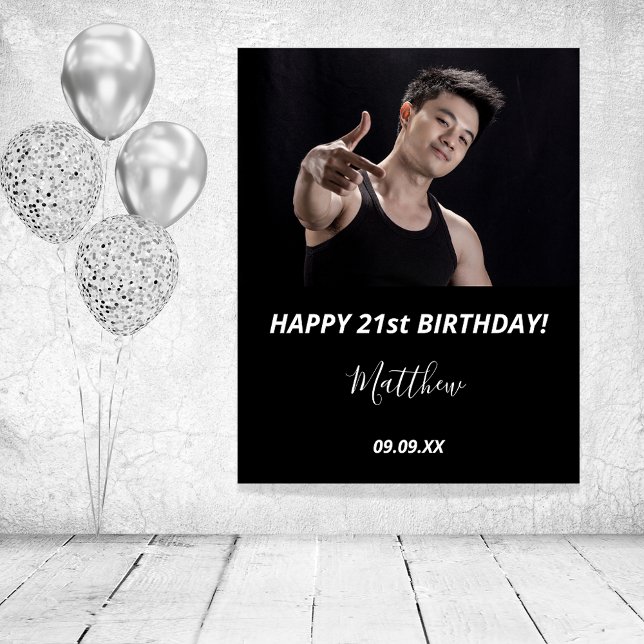 Affiche Birthday party custom photo black white modern guy (Créateur téléchargé)