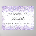 Affiche Birthday party white violet lavender glitter name<br><div class="desc">A banner for a girly and glamorous 50th (or any age) birthday party.  White background,  decorated with violet,  lavender colored faux glitter,  sparkles. Personalize and add a date,  name and age 50.</div>