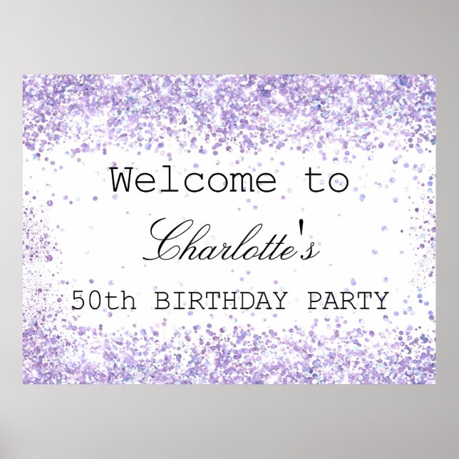 Affiche Birthday party white violet lavender glitter name  (Devant)