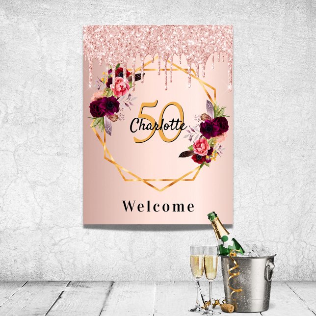 Affiche Birthday rose gold florals glitter geo welcome (Créateur téléchargé)