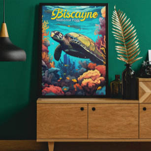Affiche Biscayne National Park Turtle Illustration Retro