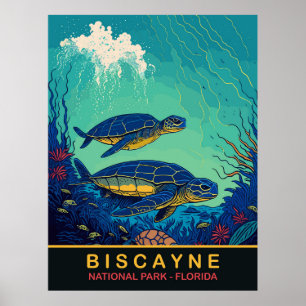 Affiche Biscayne, Tortues sous l'eau, Floride, Voyage