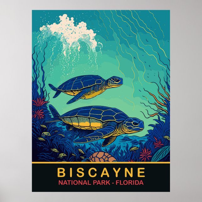 Affiche Biscayne, Tortues sous l'eau, Floride, Voyage (Devant)