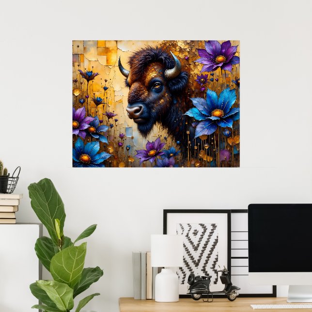 Affiche Bison américain dans un portrait de fleur texturée (Bureau à domicile)