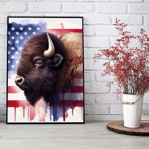 Affiche Bison avec drapeau des États-Unis d'Amérique