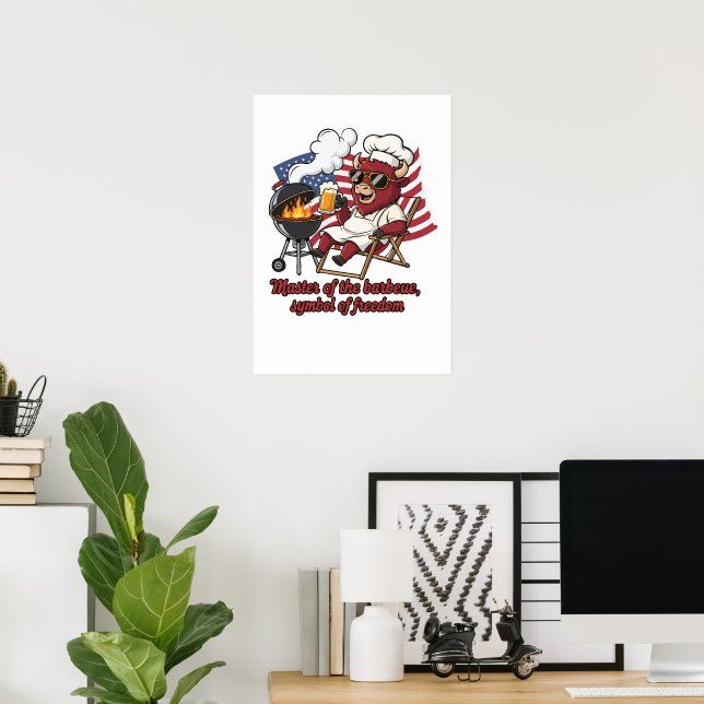 Affiche Bison Barbecue Patriotique Drapeau USA Maître (Bureau à domicile)
