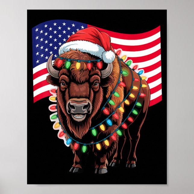 Affiche Bison Buffle Patriotique Noël Drapeau Usa Fête (Devant)