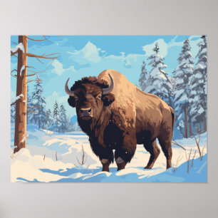 Affiche Bison dans la forêt de neige - Carte postale Ai