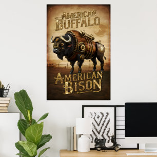 Affiche Bison de Steampunk dans la prairie