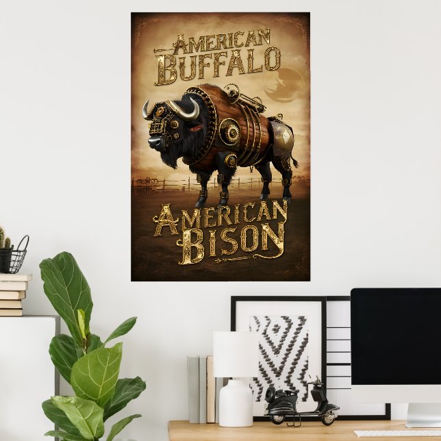 Affiche Bison de Steampunk dans la prairie (Bureau à domicile)