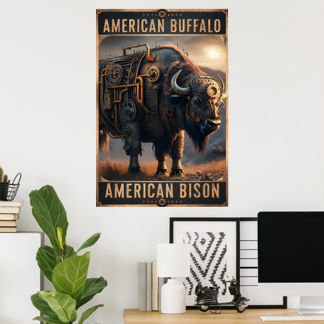 Affiche Bison de Steampunk en pleine nature (Bureau à domicile)