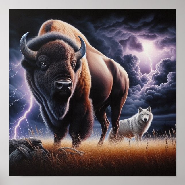 Affiche Bison et loup dans un orage avec éclair (Devant)