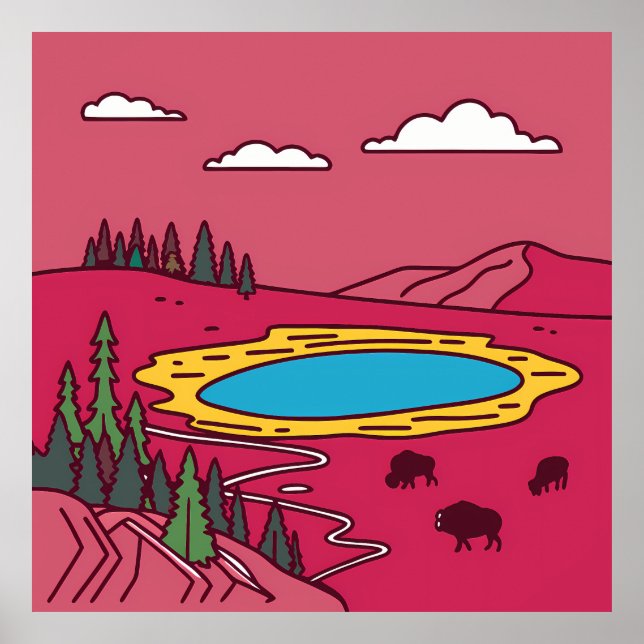 Affiche Bison Graze by Geothermal Pool in Yellowstone (Devant)