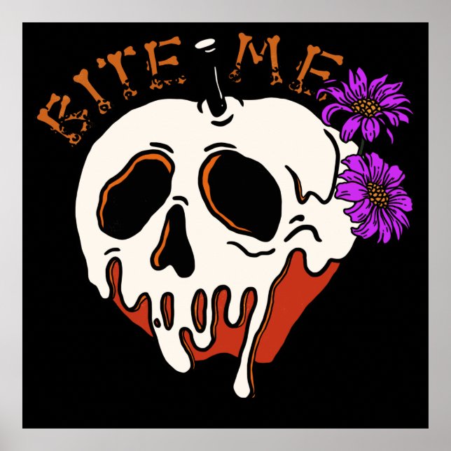 Affiche Bite Me - Halloween Poison Crâne Pomme & Fleurs (Devant)