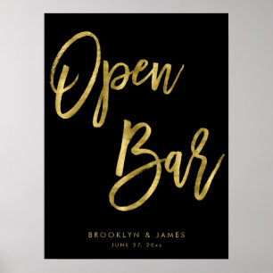 Affiche Black And Gold Open Bar Sign 18x24