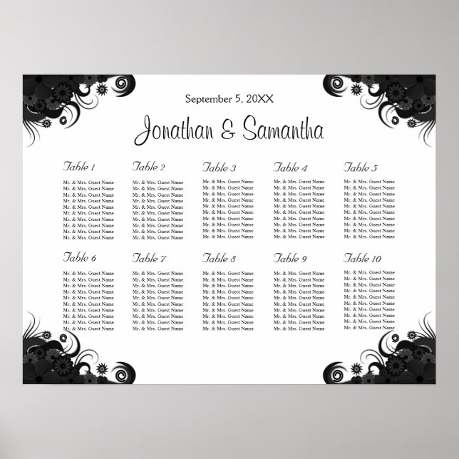 Affiche Black and White 10 Wedding Tables Seating Charts (Devant)