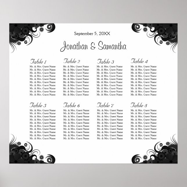 Affiche Black and White 8 Wedding Tables Seating Charts (Devant)