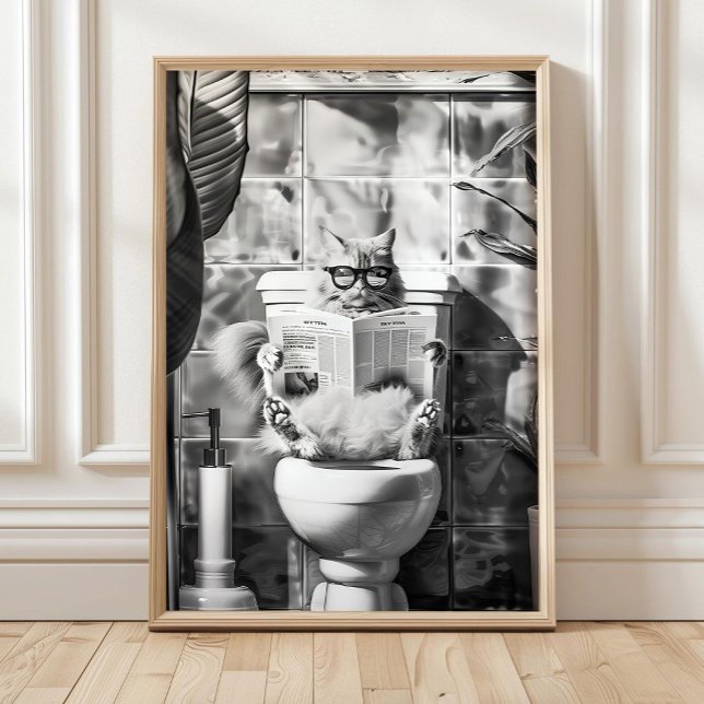 Affiche Black and White Bathroom Cat Print, Funny Posters, (Créateur téléchargé)