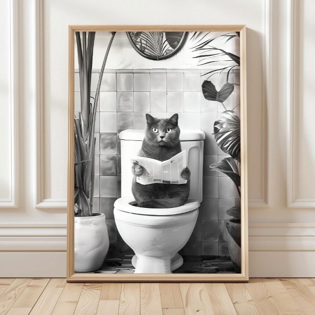 Affiche Black and White Bathroom Cat Print, Funny Posters, (Créateur téléchargé)