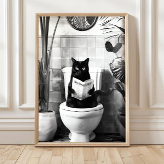 Affiche Black and White Bathroom Cat Print, Funny Posters,
