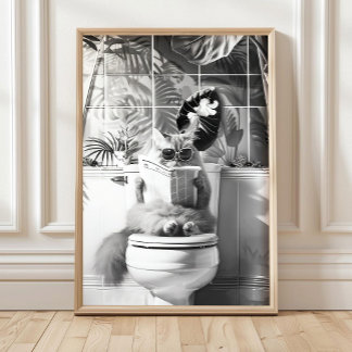 Affiche Black and White Bathroom Cat Print, Funny Posters,