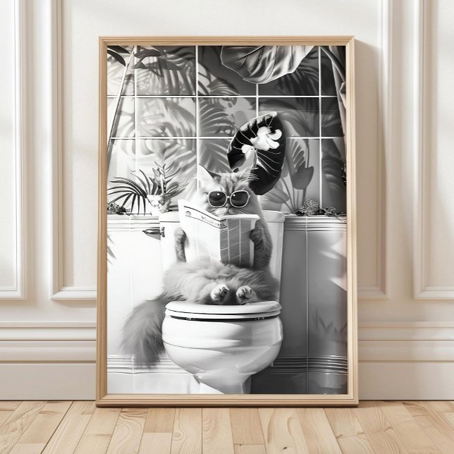 Affiche Black and White Bathroom Cat Print, Funny Posters, (Créateur téléchargé)