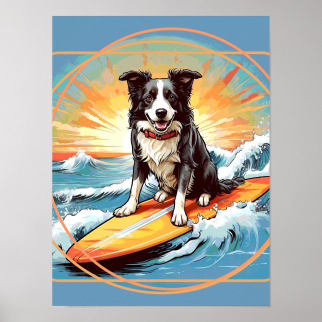 Affiche Black and White Border Collie Surfing (Devant)