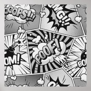 Affiche Black and White Comic Book Word Art Collage