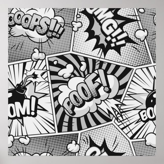 Affiche Black and White Comic Book Word Art Collage  (Devant)