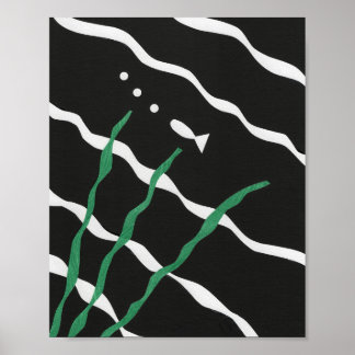 Affiche Black and White Fish with bubbles and seaweed
