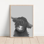 Affiche Black and White Highland Cow Illustration<br><div class="desc">Hand painted cute highland cow illustration poster</div>
