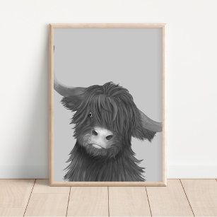 Affiche Black and White Highland Cow Illustration 