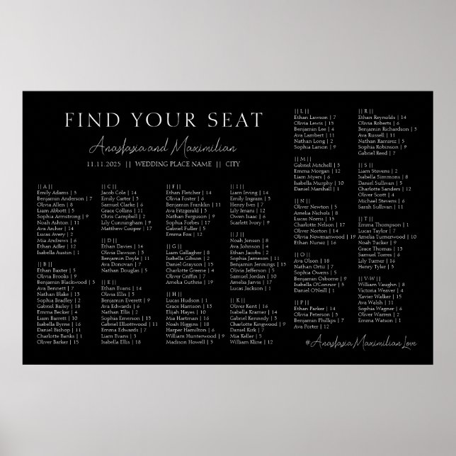 Affiche Black and White Wedding Alphabetical Seating Chart (Devant)