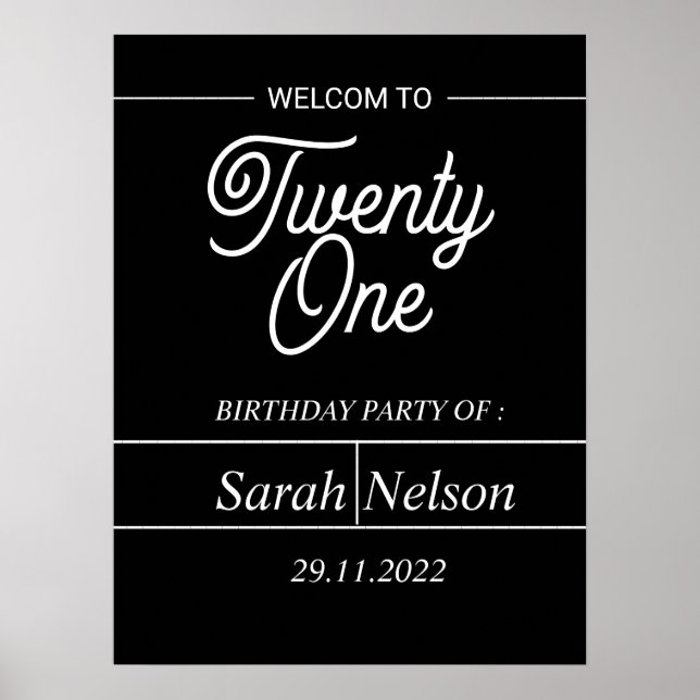 Affiche Black and Withe Modern 21st Birthday Party (Devant)