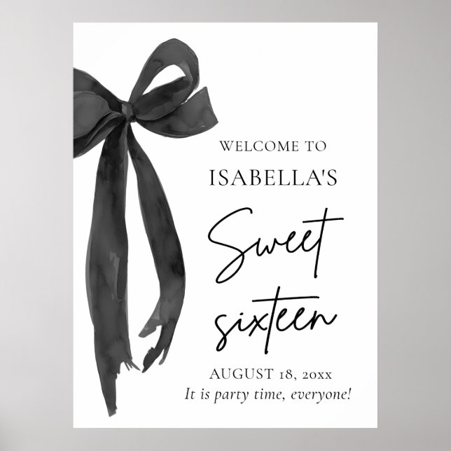 Affiche Black Bow Coquette Sweet 16 Anniversaire Bienvenue (Devant)