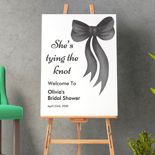 Affiche Black Bow Elle Noue le Nœud Réception de Mariée  (Black Bow She's Tying the Knot Bridal Shower Welcome Sign )