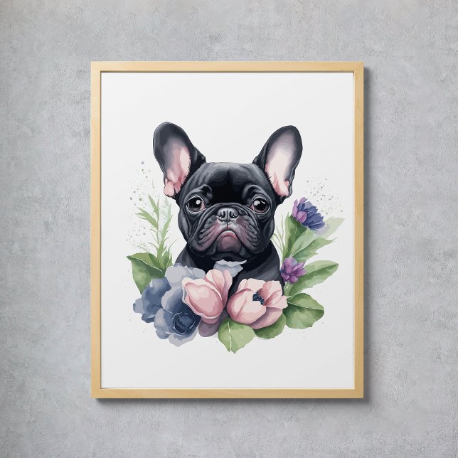 Affiche Black Carlin Français Chien Floral Aquarelle (Black Frenchie Pug Dog Floral Watercolor Poster
)