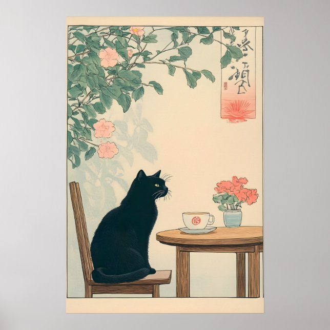 Affiche Black Cat And Coffee Print Ukiyo-e Japandi Art (Devant)