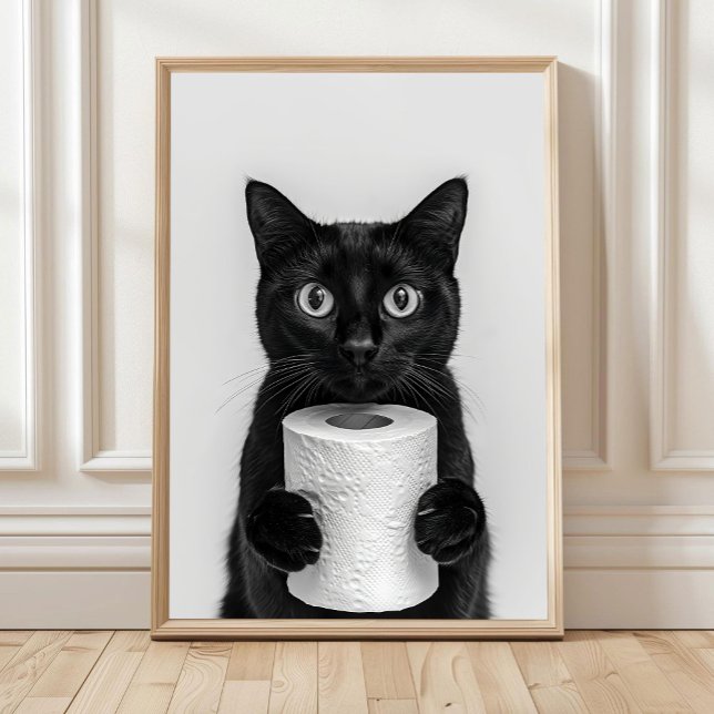 Affiche Black Cat Bathroom Print, Cat Holding Toilet Roll, (Créateur téléchargé)