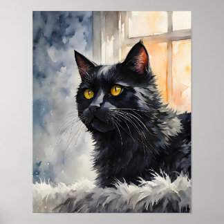 Affiche Black Cat by Window Art Print Cozy Feline Wall Art