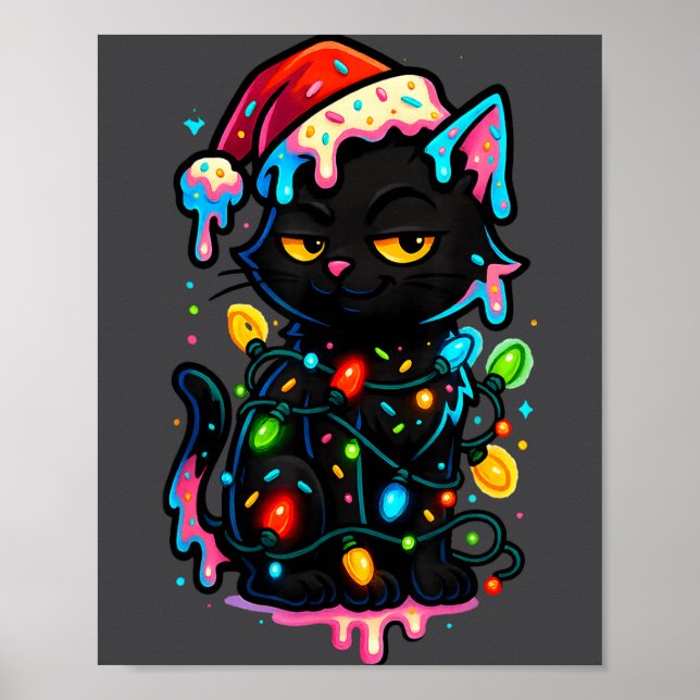 Affiche Black Cat Christmas Ice Cream Drip Santa Hat Cute  (Devant)