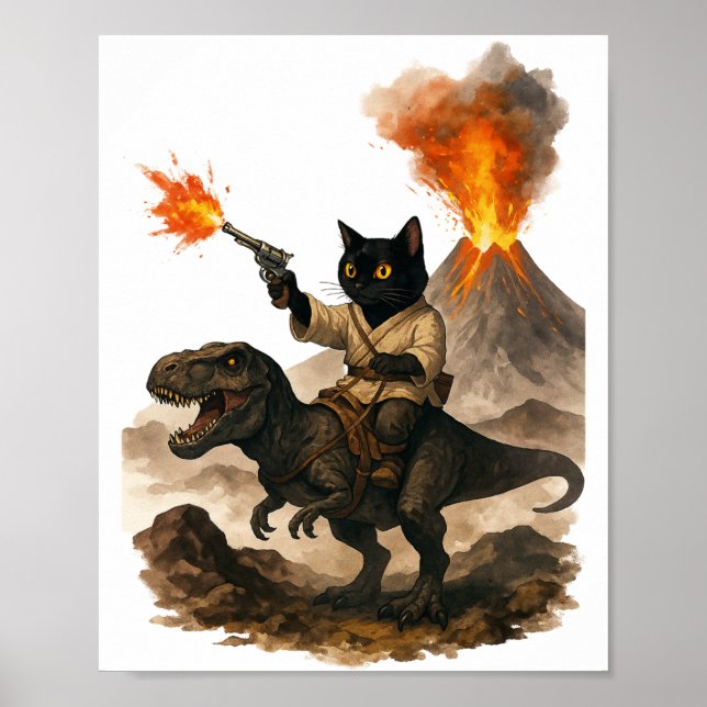 Affiche Black Cat Cowboy Riding Dinosaur – Watercolor Ink  (Devant)