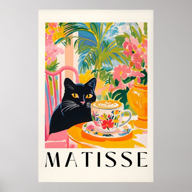 Affiche Black Cat Drinking Coffee Funny Matisse Style (Devant)
