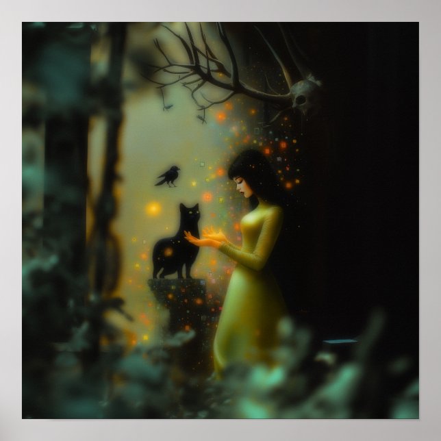 Affiche Black Cat Green Forest Witchy AI Art Matte Value (Devant)