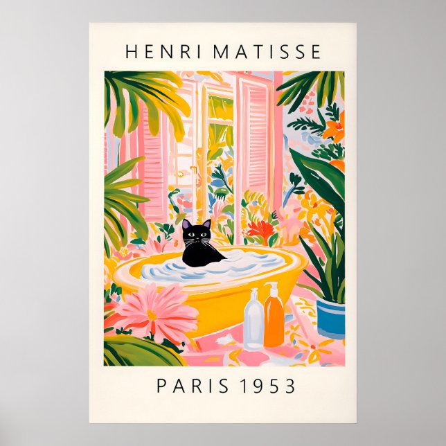 Affiche Black Cat in Bathtub Print Matisse Style Bathroom (Devant)